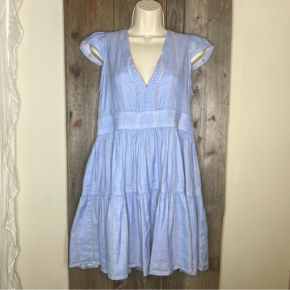 LemLem V Neck Flutter Sleeve Tiered Babydoll Style Dress Blue size Medium